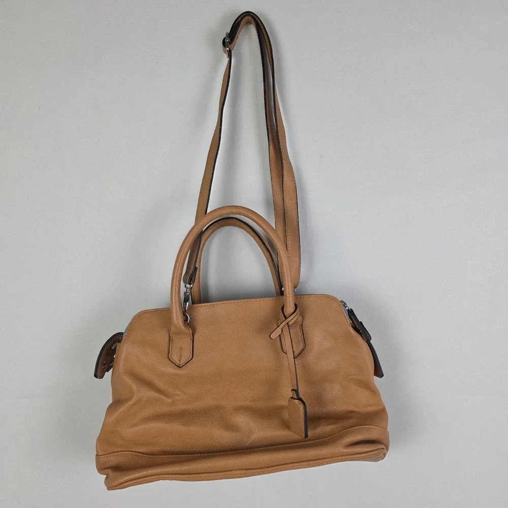 London Fog Tan Pebbled‎ Vegan Leather Satchel Crossbody Bag Blue Trim